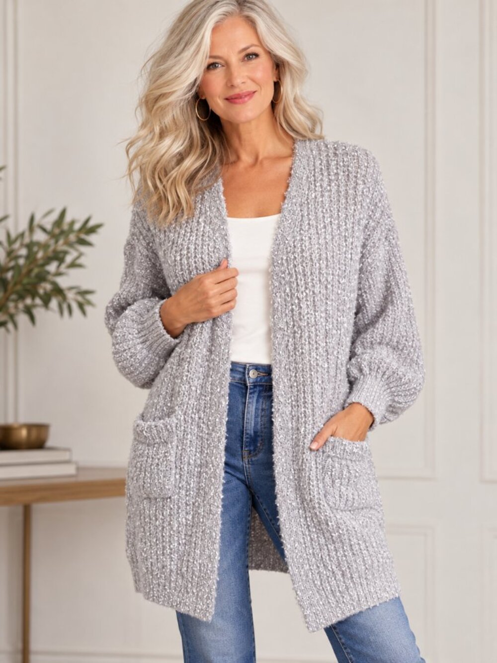 Maverick The Collection Gray Silver Textured Open Cardigan S
